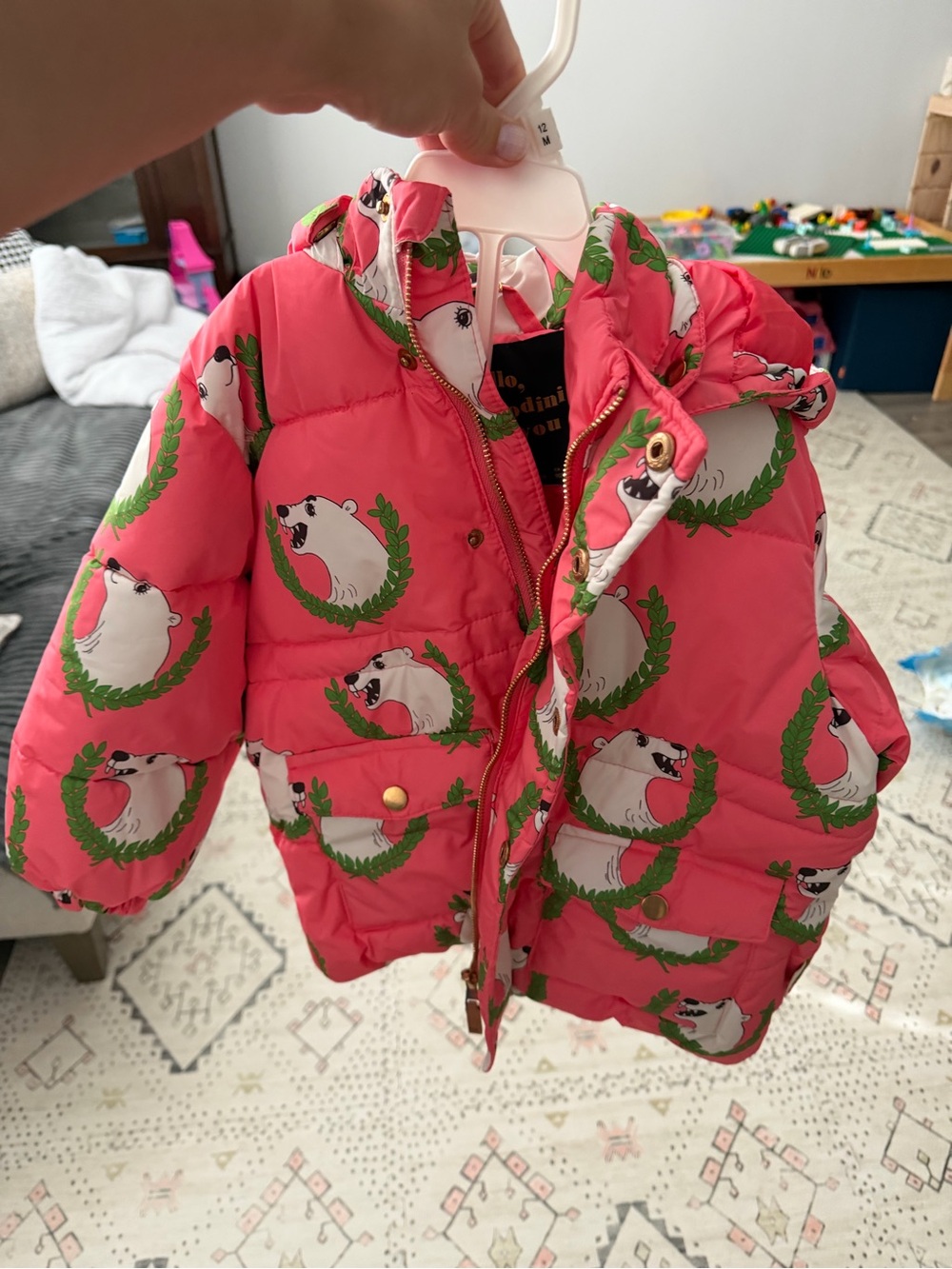 Mini Rodini Coral Pink Polar Bear Print Hooded Puffer Jacket